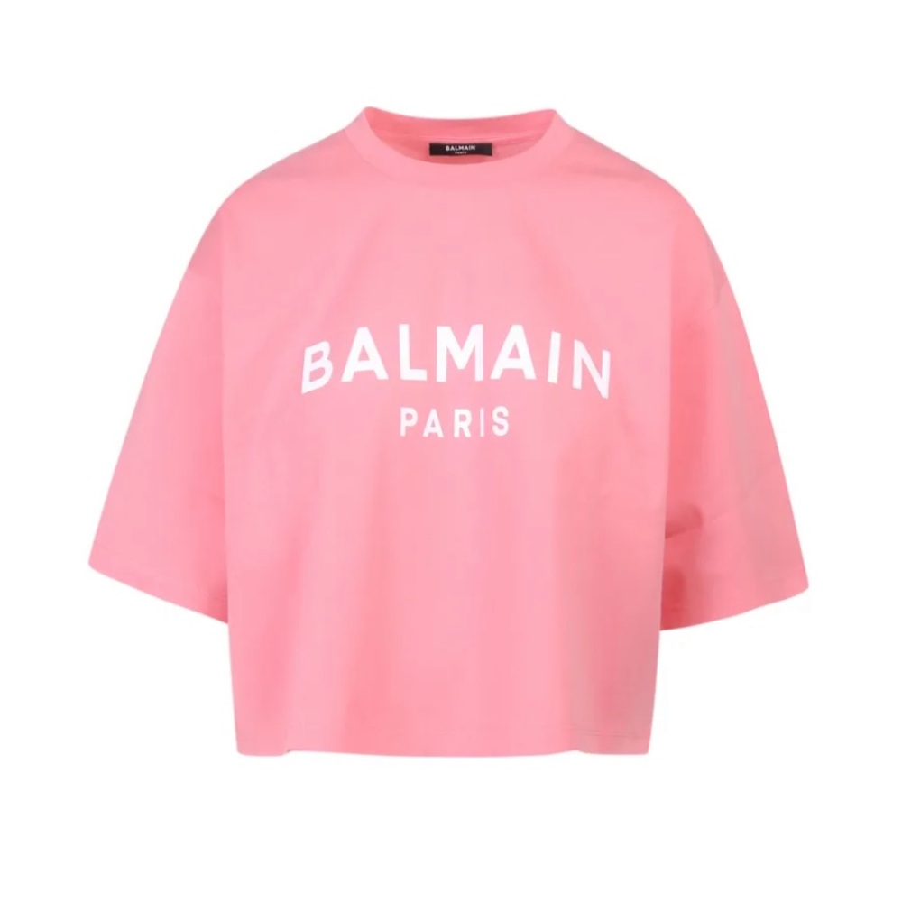 NWT BALMAIN PARIS Pink Logo Crop Short Sleeve Tee Shirt Large